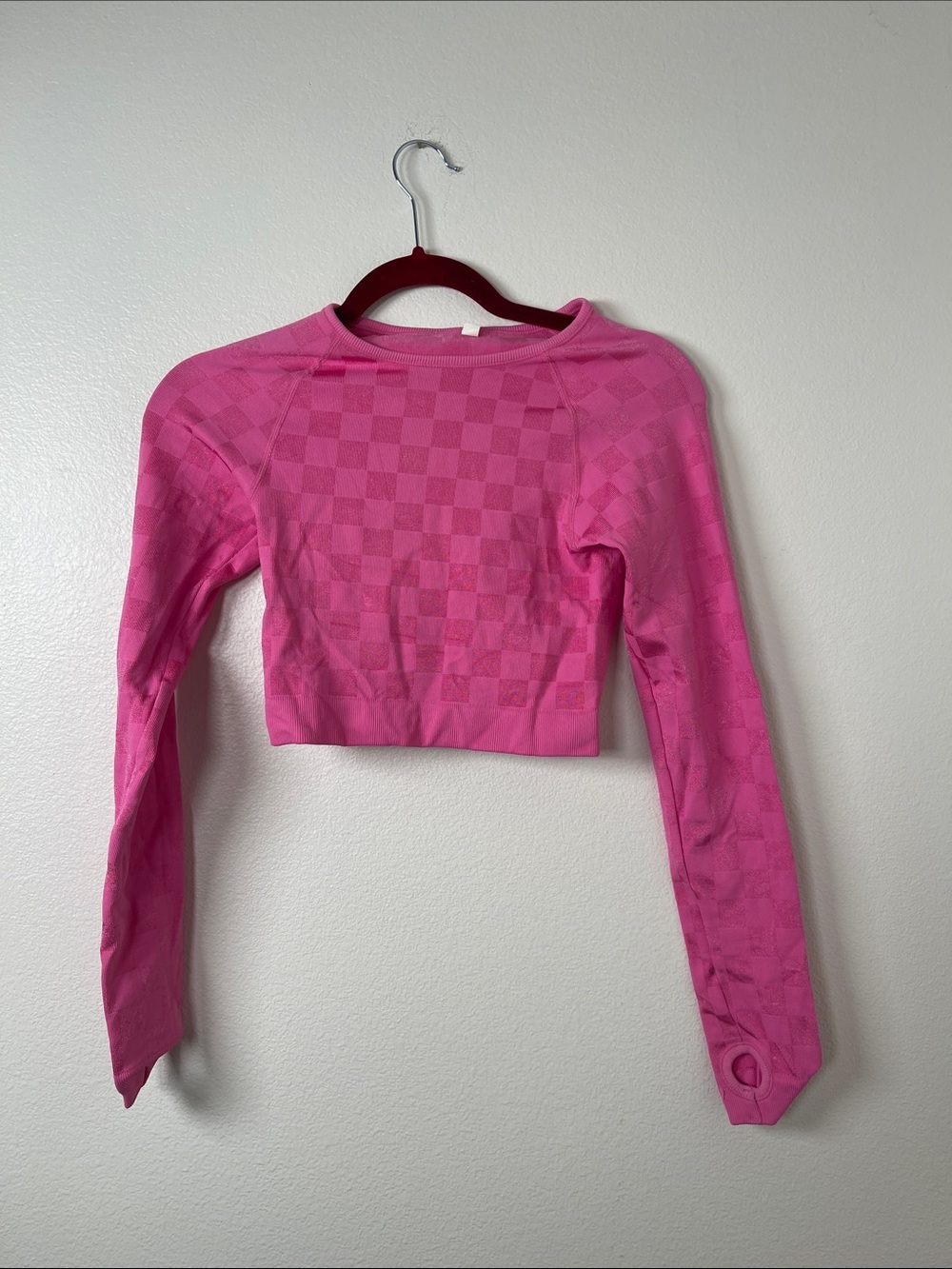 Women's Pink Checker Crop Long-Sleeve Top